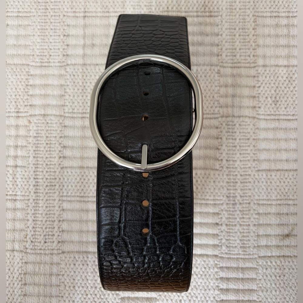Black Croc-Embossed Belt with Silver Buckle